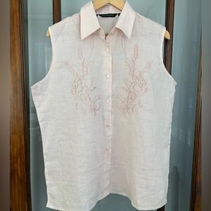 In Tempore 100% Linen Top 3X Sleeveless Pink Embroidered Button Up Collared